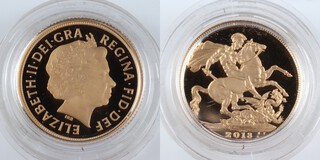 United Kingdom, Elizabeth II 2018 gold Sovereign, 22mm, 8.0g. Obv: IR-B portrait of Elizabeth, right / Rev: St. George on horseback slaying the dragon, right. SC9, unc. 