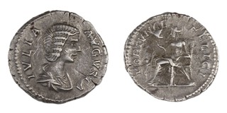 Roman Empire, Julia Domna, c. 193-217 AD, silver Denarius, 19mm, Obv: Bust of Julia Domna right / Rev: Fortuna enthroned left, holding cornucopia in right hand, resting left hand on rudder on globe behind. S.6584, F. 