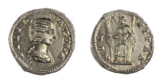 Roman Empire, Julia Domna, 193-217 AD, silver Denarius, 18mm, Obv: Draped bust of Julia Domna right, / Rev: Hilaritas standing left, holding long palm and sceptre. S.6585, VF. 