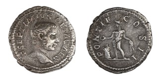 Roman Empire, Caracalla, 198-217 AD, silver Denarius, 20mm, Obv: Bareheaded bust right / Rev: Figure standing left holding patera. S.7065, F.