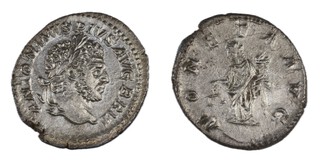 Roman Empire, Caracalla, 198-217 AD, silver Denarius, 18mm, Obv: Laureate bust of Caracalla facing right / Rev: Moneta standing left holding scales. S.6821, VF. 