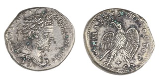 Roman Empire, Caracalla (for Syria, Seleucia and Pieria), 198-217 AD, silver Tetradrachm, 27mm, Obv: Laureate, draped and cuirassed bust of Caracalla / Rev: Eagle standing facing holding wreath in its beak, wings spread and a star between its legs. 