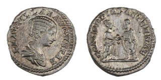 Roman Empire, Plautilla, c. 202-205 AD, silver Denarius, 18mm, 3.72g. (From the hoard found at Holme, Lincolnshire.) Obv: Draped bust right / Rev: Plautilla standing right, clasping hands with Caracalla standing left. S.7066, F. 