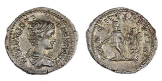 Roman Empire, Geta, 209-211 AD, silver Denarius, 19mm, 3.21g. (From the hoard found at Holme, Lincolnshire.) Obv: Bareheaded and draped bust right / Rev: Geta standing left, holding baton and sceptre, trophy arms to right. S.7196, VF. 	