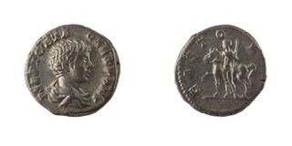 Roman Empire, Geta, 209-212 AD, silver Denarius, 18mm, Obv: Bare headed and draped bust, right / Rev: Castor standing left in front of horse which he holds by reins, spear in left hand. S.7169, F. 