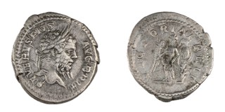 Roman Empire, Septimus Severus, c. 210 AD, silver Denarius, 18mm, Obv: Laureate bust, right / Rev: Victory standing facing, holding long palm and placing a small shield on palm. S.6371, F. 