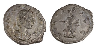 Roman Empire, Julia Maesa (Grandmother of Elagabalus), c. 218-224 AD, silver Antoninianus, 23mm, Obv: Diademed bust on crescent / Rev: Pietas holding a box of perfumes and sacrificing over an altar. S.7747, F. 