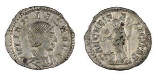 Roman Empire, Julia Maesa (Grandmother of Elagabalus), c. 218-224 AD, silver Denarius, 20mm, Obv: Draped bust of Julia Maesa / Rev: Felicitas holding patera and caduceus. S.7757, F. 