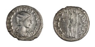 Roman Empire, Julia Soaemias (Mother of Elagabalus), c. 218-222 AD, silver Denarius, 18mm, Obv: Draped bust of Julia right / Rev: Venus standing to left holding apple and sceptre. S.7719, F. 