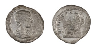 Roman Empire, Julia Soaemias (Mother of Elagabalus), c. 218-222 AD, silver Denarius, 19mm, Obv: Draped bust of Julia Soaemias / Rev: Venus seated holding apple and sceptre, a child at her feet. S.7719, F. 