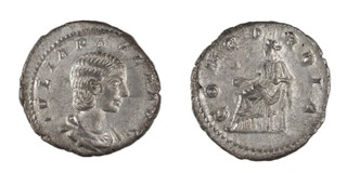 Roman Empire, Julia Paula (Wife of Elagabalus), 3rd century AD, silver Denarius, 18mm, Obv: Draped bust of Julia Paula right / Rev: Concordia seated to left. S.7655, F. 