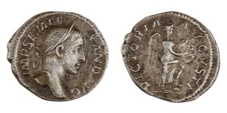 Roman Empire, Severus Alexander, 222-235 CE, silver Denarius, 18mm, Obv, Laureate head right / Rev, Victory standing right, inscribing shield held above knee. S.7932, VF. 