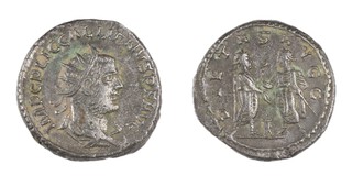 Roman Empire, Gallienus, 257-258 AD, silver Denarius, 20mm, Obv: Radiate, draped bust of Gallienus, right / Rev: Gallienus and Valerian standing face to face, sacrificing at altar. S.10312, F. 	