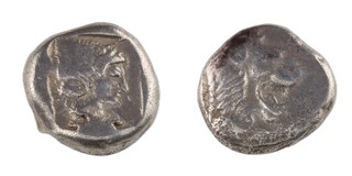 Knidos, Caria, c. 520-500 BC, 16mm, silver Drachm, Obv: Head of lion facing right / Rev: Archaic head of Aphrodite, right. 