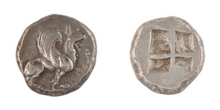 Teos, Ionia, c. 510-500 BC, 20mm, silver Stater, Obv: Griffin seated to right raising front left leg, curled wing / Rev: Incuse four part square. S.3509, F. 	