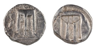 Kroton, c. 510-480 BC, 19mm, silver Stater, Obv: Delphic tripod altar, stork standing, left, inscription to right / Rev: Delphic tripod altar, incuse. S.256, F. 