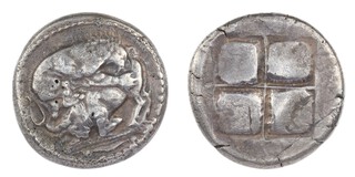 Akanthos, Macedon, c. 510-480 BC, 26mm, silver Tetradrachm, Obv: Kneeling bull attacked by a lioness on its back / Rev: Four part incuse square. S.1270, F. 	