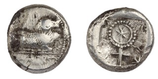 Cyprus, Salamis, c. 500 BC, 22mm, silver Stater, Obv: A ram lying to right / Rev: Ankh symbol containing Cypriot letter all in incuse square with flowers in the corners. S.3587, F. 