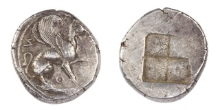 Ionia, Teos, c. 490 BC, 24mm, silver Stater, Obv: Griffin with curled wing seated, right, with left forearm raised / Rev: Four part incuse square with granular surface. S.3455, F. 