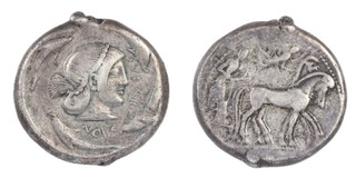 Syracuse, c. 475-450 BC, 25mm, silver Tetradrachm, Obv: Charioteer driving quadriga right, Nike flying above right / Rev: Head of Arethusa, right, surrounded by four dolphins, S.737, F. 