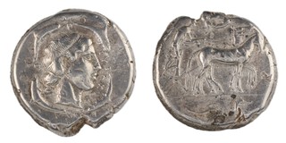 Syracuse, Sicily, c. 474-450 BC, 25mm, silver Tetradrachm, Obv: Quadriga advancing right, Nike flying left, crowning the horses, sea serpent below / Rev: Diademed head of Arethusa facing right, surrounded by four dolphins. S.737, F. 	