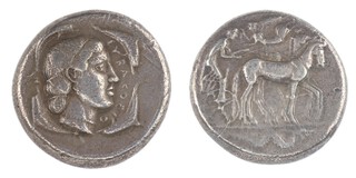 Syracuse, Sicily, c. 474-450 BC, 25mm, silver Tetradrachm, Obv: Slow quadriga driven, right, by male charioteer who is crowned by Nike flying, left above, serpent below / Rev: Head of Arethusa, facing right, with four dolphins around. S.936 var, aVF. 