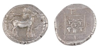 Mende, Macedonia, c. 465-424 BC, 28mm, silver Tetradrachm, Obv: Dionysos reclining to left on an ass standing right, crow perching on vine, right / Rev: Inscription around vine with bunches of grapes within shallow incuse square. S.1407, F. 	