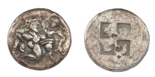 Thasos, c. 463-411 BC, 21mm, silver Stater, Obv: Satyr advancing right in kneeling-running position, carrying a struggling nymph, her hand raised in protest / Rev: quadripartite incuse square. S.1746, F. 