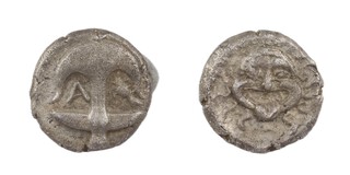 Thrace, Appolonia Pontica, c 450-400BC, 14mm, silver Drachm, Obv: Inverted anchor, crayfish, left/ Rev: Facing head of gorgon, tongue protruding, serpents forming curls around head. S1655, aVF.