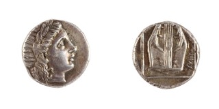 Lesbos, c. 450-330 BC, 14mm, silver Hemidrachm (one-sixth stater?), Obv: Laurete bust (Aphrodite?), right / Rev: Kithara within linear square. S.4247, VF. 	