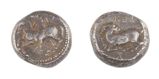 Cilicia, c. 450 BC, 18mm, silver Stater, Obv: Young man riding sideways on horse galloping, left / Rev: Goat crouching, left, head turned, looking back right. S.5527, F. 