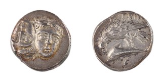 Black Sea, Istros, c. 450 BC, 17mm, silver Drachm, 3.8g, Obv: Two facing male heads side by side, one upright and the other inverted / Rev: Sea eagle standing left on dolphin. S.1670, F. 	