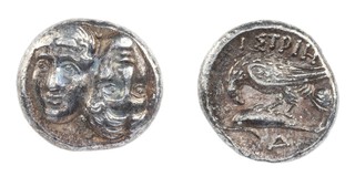 Istros, c. 450 BC, 16mm, silver Drachm, Obv: Two facing male heads side by side, one upright and the other inverted / Rev: Sea eagle standing left on dolphin. S.1670, VF. 	