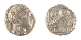 Athens, Attica, c. 449-418 BC, 25mm, silver Tetradrachm, Obv: Head of Athena wearing crested and ornamented helmet / Rev: Owl standing right, head facing. Olive sprig and crescent moon left. S.1837, F. 