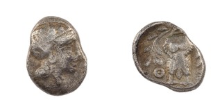 Attica, Athens, c. 449-404 BC, 14mm, silver Triobol, Obv: Helmeted head of Athena / Rev: Owl standing facing, olive branch on each side. S.2551, F.