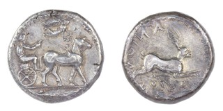 Sicily, Messana, c. 445-439 BC, 26mm, 17g, silver Tetradrachm, Obv: Charioteer driving slow biga of mules right, Nike flying above right, holding bunch of grapes / Rev: Hare running right, olive leaves below. wildwind, F. 