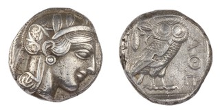 Athens, Attica, c. 440 BC, 24mm, silver Tetradrachm, Obv: Head of Athena wearing crested and ornamented helmet / Rev: Owl standing right, head facing. Olive sprig and crescent moon left. S.1837/9, F.