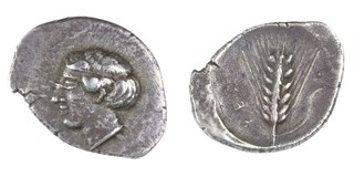 Metapontion, c. 430-400 BC, 25mm, silver Stater, Obv: Female head - fillet bound hair / Rev: Ear of corn. S.406, F. 	