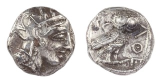 Attica, Athens, c. 430 BC, 23mm, silver Tetradrachm, Obv: Head of Athena right wearing crested and ornamented helmet / Rev: Owl standing right, head facing, olive sprig and crescent moon in upper left field. S.1837/9, F. 	