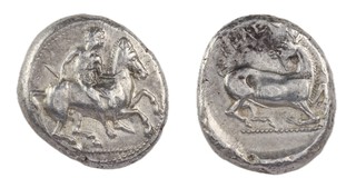 Cilicia, Kelenderis, c. 425-400 BC, 21mm, silver Stater, 10.69g, Obv: Naked rider seated sideways on galloping horse right, holding whip / Rev: Goat kneeling right, head turned back. S.5527, VF. 