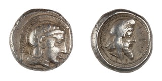 Lycia, Dynasts Kherei, c. 410-390 BC, 19mm, silver Stater, Obv: Head of Athena facing right, wearing crested Attic helm / Rev: Head of Kherei right, wearing kyrbasia. S.5211, F. 