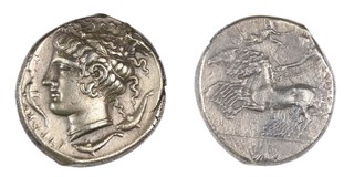 Syracuse, Sicily, c. 405-400 BC, 26mm, silver Tetradrachm, Obv: Charioteer driving galloping quadriga left, Nike flying above crowning charioteer / Rev: Head of Arethusa, left, surrounded by four dolphins. S.737, VF. 