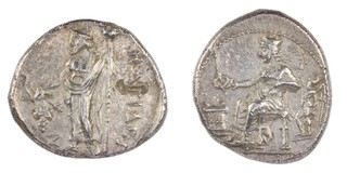 Nagid of Cilicia, c. 400-385 BC, 25mm, silver Stater, Obv: Aphrodite seated to left holding phiale over lighted altar, crowned by Eros standing behind her / Rev: Dionysos standing holding grapes and thyrsus. S.5578, aVF. 