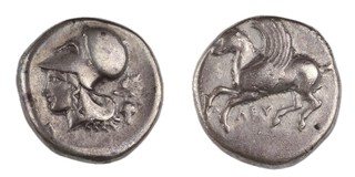 Leuicas, Akarnania (Leukas), c. 400-360 BC, 18mm, silver Stater, Obv: Pegasus with curled wing flying left / Rev: Head of Athena wearing a corinthian helmet, left, vine leaf and bunch of graped behind. S.2265, F. 