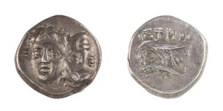 Thrace, Istros, c. 400-350 BC, 17mm, silver Stater, Obv: Two young male heads side by side, one inverted / Rev: Sea eagle standing on a dolphin. S.1669, F. 