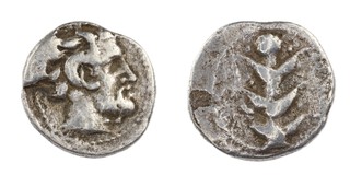 Cyrene, N. Africa, c. 400 BC, 16mm, silver Drachm, 2.7g, Obv: Silphium plant / Rev: Head of Zeus Ammon right. S.6259, F. 