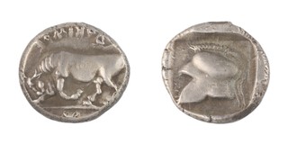 Thraco-Macedonian Tribes, Derrones, 480 BC, 22mm, silver Stater, Obv: Bull butting to left / Rev: Helmet, left, within incuse square. S. 1313 var, VF. 