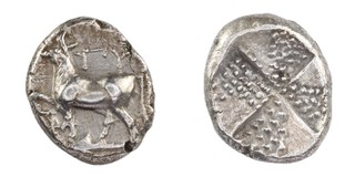 Thrace, Byzantion, c. 400 BC, 14mm, silver Tetrobol, Obv: Cow standing to left on the back of a dolphin / Rev: Four part incuse square of 'mill sail' pattern, granulated surface. S.1582, VF. 