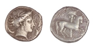 Carthage, Siculo-Punic, c. 400 BC, 26mm, silver/billon Tetradrachm, Obv: Head of Arethusa, facing right, wearing a wreath of grain ears, dolphins around / Rev: Horse stepping right before palm tree. S.6430, F.