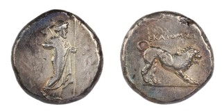 Satraps of Caria, Hekatomnos, c. 395-377 BC, 24mm, silver Tetradrachm, Obv: Zeus Labraundos standing right, holding labrys in right hand, left hand on staff / Rev: A lion standing to right. S.4952, F. 